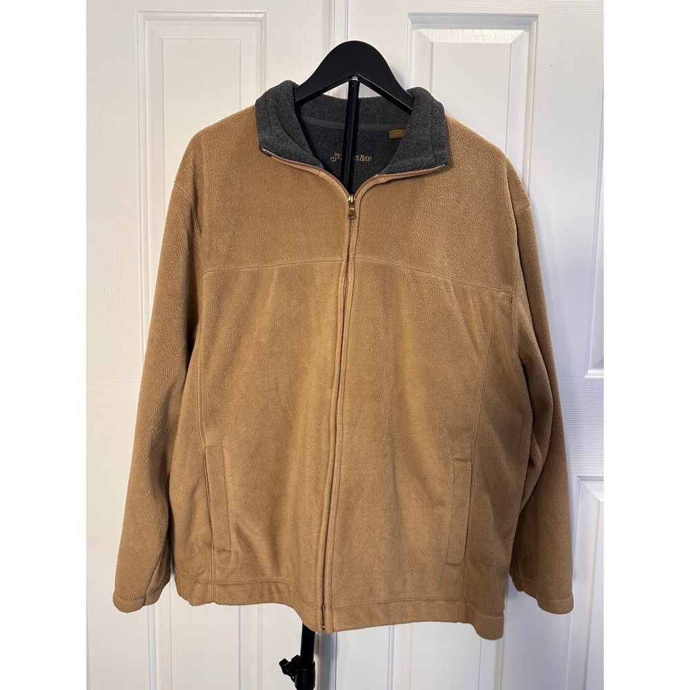 St. Johns Bay Mens Full Zip Fleece Jacket Tan Brown Mock Neck Large